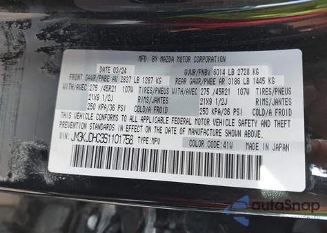 2025 Mazda Cx-70 3.3 Turbo S Premium z USA, uszkodzony, nr VIN JM3KJDHC3S1101758